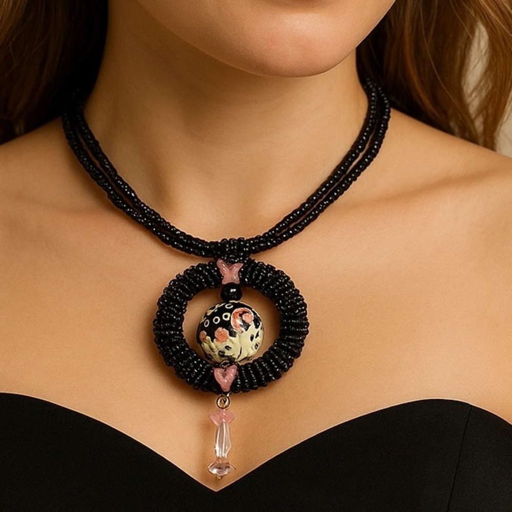 Handmade Black Beaded Pendant Necklace with Enamel Charm and Crystal‎ Dangle